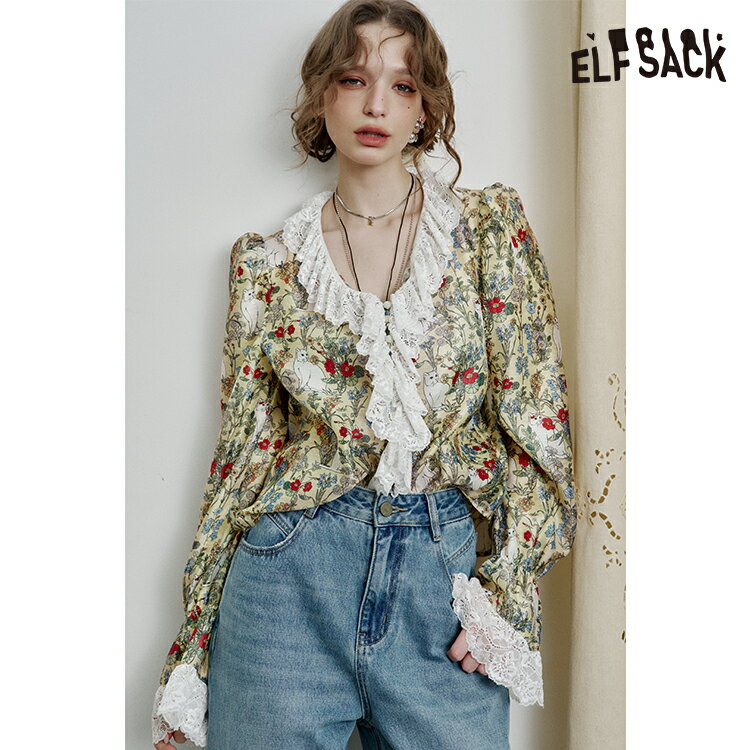 送料無料 ELFSACK シフォン ブラウス トップス シャツ フレンチスタイル Vネック レース切
