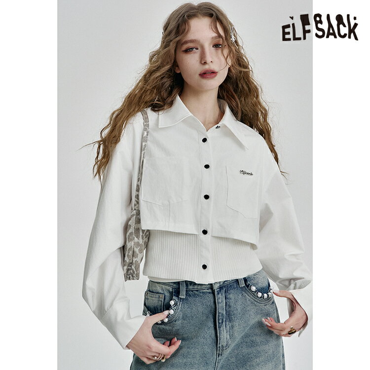 送料無料 ELFSACK トップス シャツ ブラウス 白 青 重ね着風 長袖 レディース エルフサッ