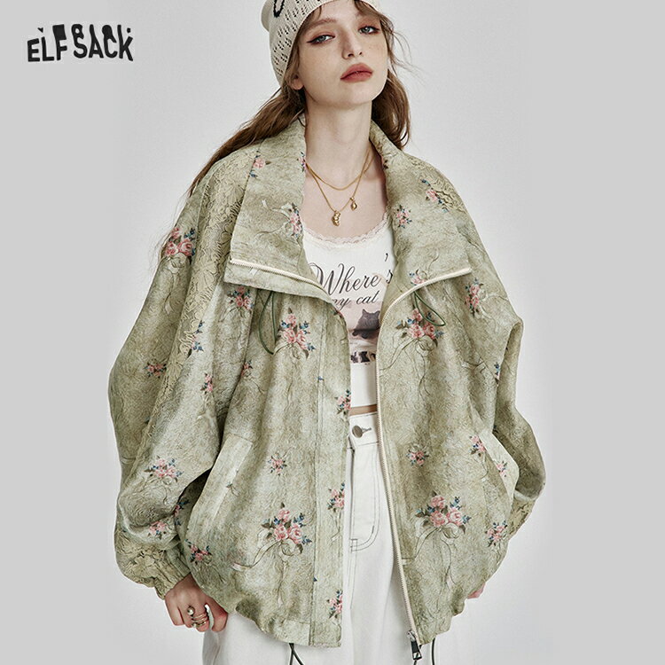 送料無料 ELFSACK ジャケット アウター ブルゾン レース 花柄 ジップアップ ゆったり レディース エルフサック ギャル Y2K ブランド 秋 冬 きれいめ おしゃれ 可愛い カジュアル 体型カバー 30代 40代 50代 uvカット 韓国 ファッション 個性的 派手