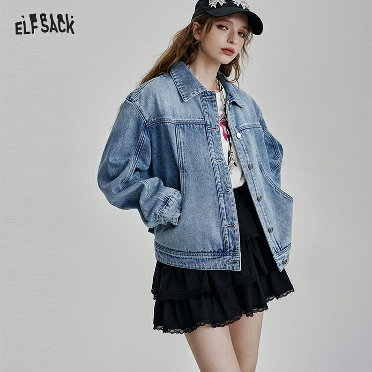 送料無料 ELFSACK ジャケット アウター ブルゾン デニムジャケット 水洗い加工 低身長 レディース エルフサック ギャル Y2K ブランド 秋 冬 きれいめ おしゃれ 可愛い カジュアル 体型カバー 30代 40代 50代 uvカット 韓国 ファッション 個性的 派手