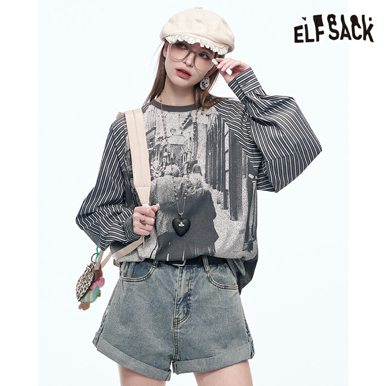 送料無料 ELFSACK Tシャツ トップス ストライブ プリント 長袖 レディース エルフサック ギャル Y2K ブランド 秋 冬 きれいめ おしゃれ 可愛い カジュアル 体型カバー 30代 40代 50代 uvカット 韓国 ファッション 個性的 派手
