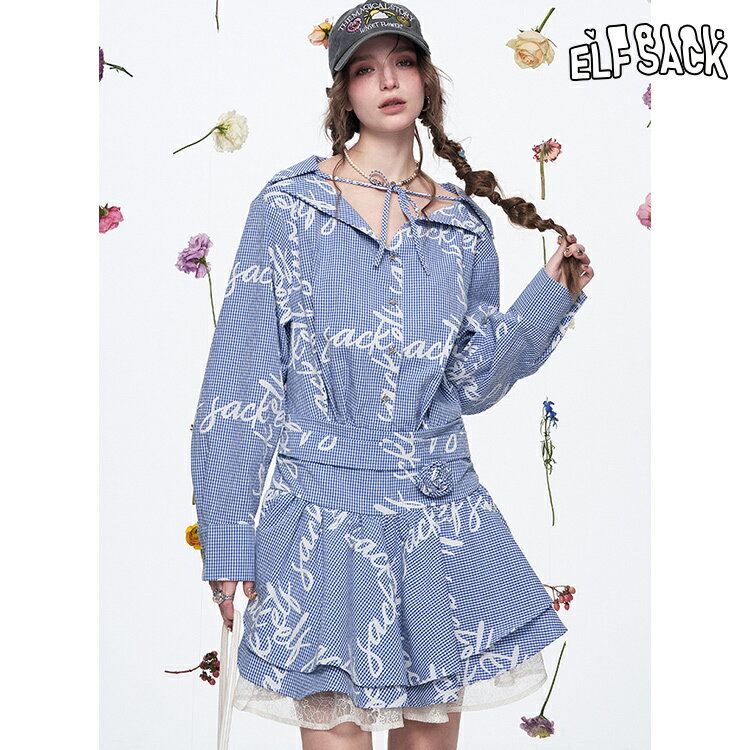 送料無料 ELFSACK ワンピース チェック柄 プリント 長袖 ショート丈 レディース エルフサック ストリート Y2K ブランド 春 夏 おしゃれ 可愛い カジュアル 体型カバー 30代 40代 50代 韓国 ファッション 個性的 派手