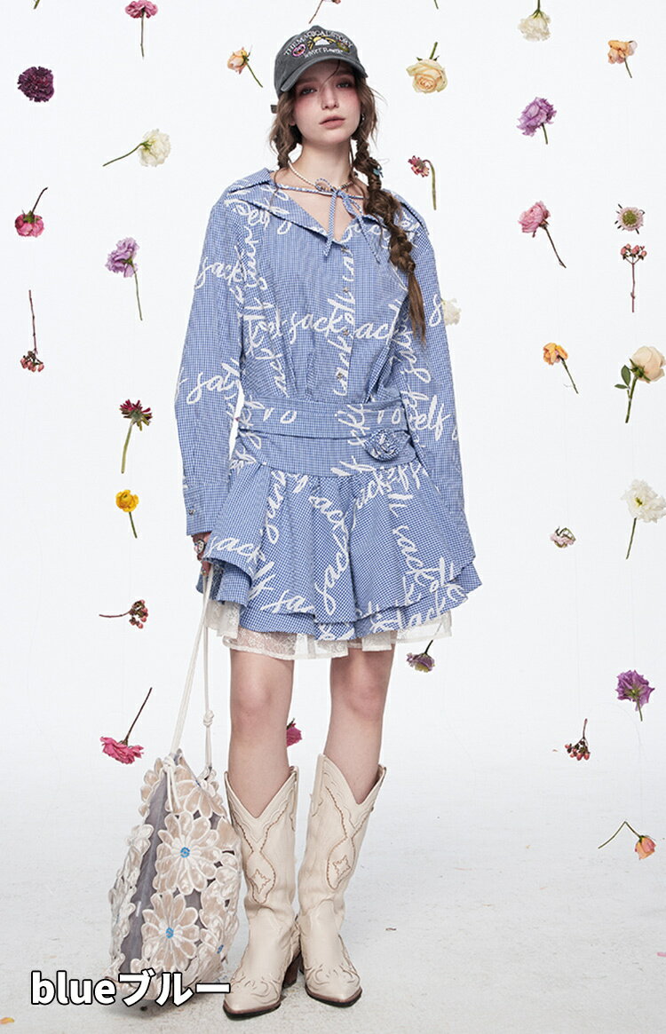 送料無料 ELFSACK ワンピース チェック柄 プリント 長袖 ショート丈 レディース エルフサック ストリート Y2K ブランド 春 夏 おしゃれ 可愛い カジュアル 体型カバー 30代 40代 50代 韓国 ファッション 個性的 派手