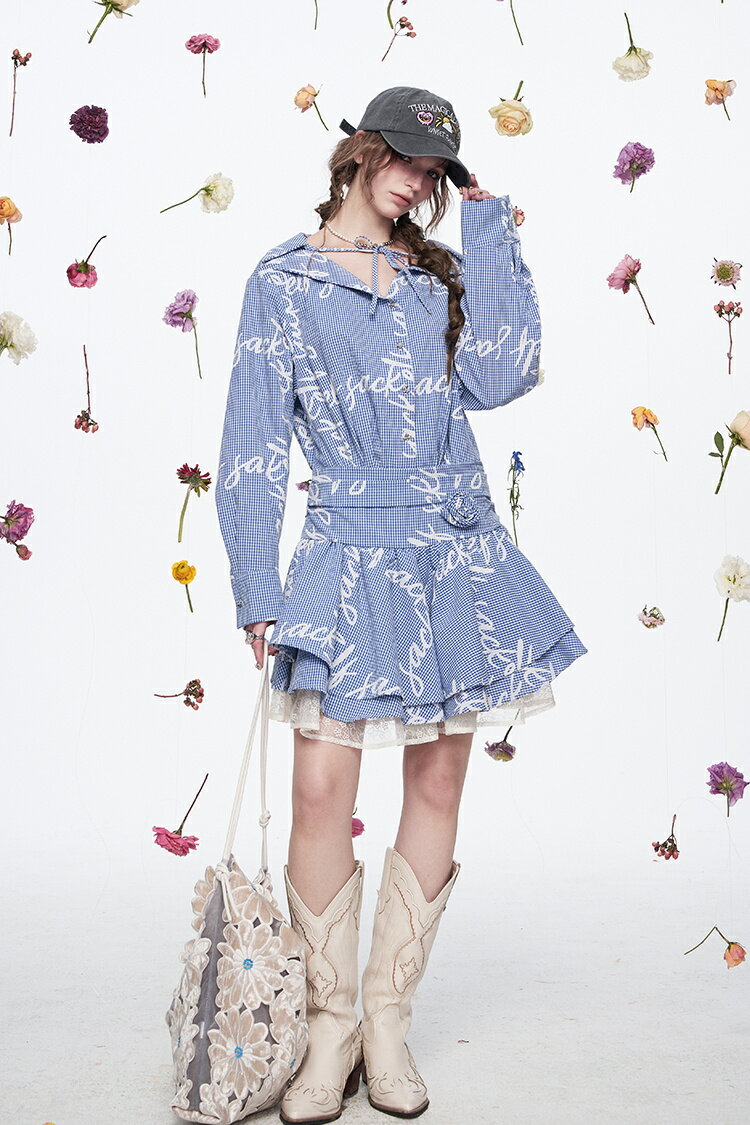 送料無料 ELFSACK ワンピース チェック柄 プリント 長袖 ショート丈 レディース エルフサック ストリート Y2K ブランド 春 夏 おしゃれ 可愛い カジュアル 体型カバー 30代 40代 50代 韓国 ファッション 個性的 派手