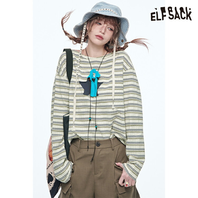 送料無料 ELFSACK Tシャツ トップス ストライブ 長袖 丸首 オーバーサイズ レディース エルフサック ギャル Y2K ブランド 秋 冬 きれいめ おしゃれ 可愛い カジュアル 体型カバー 30代 40代 50代 uvカット 韓国 ファッション 個性的 派手