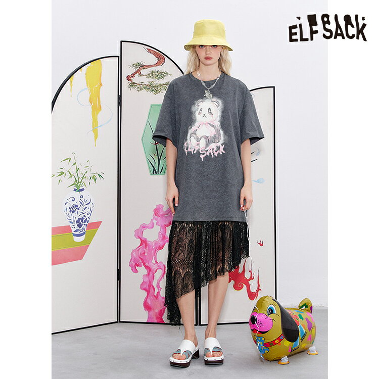 送料無料 ELFSACK ワンピース シャツワンピース レース パンダ プリント レディース エルフ