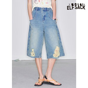 送料無料 ELFSACK デニム ハーフパンツ ショートパンツ 半ズボン 五分丈 アメカジ ダメージ付 ワイド レディース エルフサック ストリート Y2K ブランド 春 夏 おしゃれ 可愛い カジュアル 体型カバー 30代 40代 50代 韓国 ファッション 個性的 派手