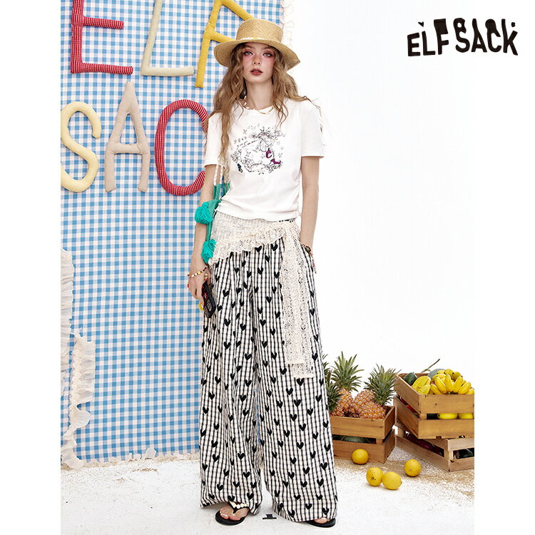 送料無料 ELFSACK パンツ ズボン ボトムス ハート柄 チェック柄 ゆったり ストレート レディース エルフサック ストリート Y2K ブランド 春 夏 おしゃれ 可愛い カジュアル 体型カバー 30代 40代 50代 韓国 ファッション 個性的 派手