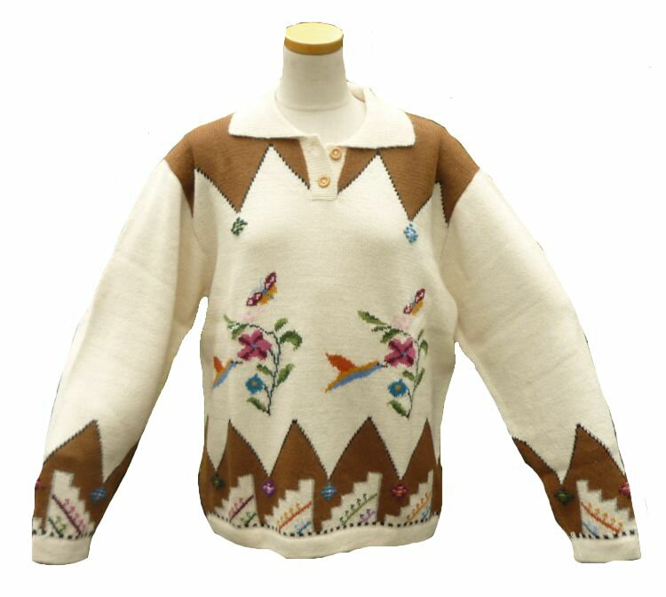 アルパカ100％　襟付きセーター　ALCN-004-1 女性　ペルー　花と鳥柄　アンデス　ソフト　暖かい　可愛い　茶