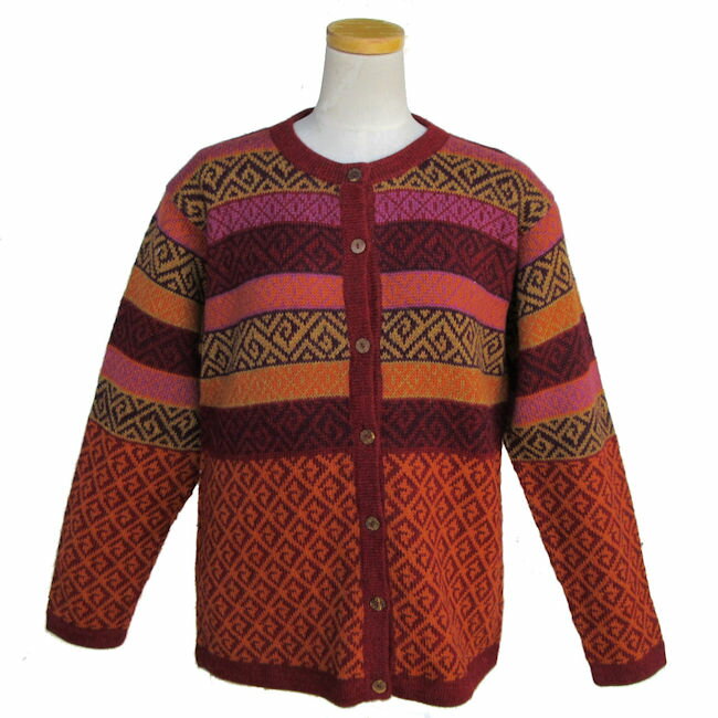 女性用　アルパカ100％カーデイガン　ALCA-024 丸首　ペルー製　アンデス　ソフト　暖かい　幾何学柄