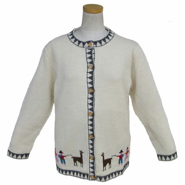 女性用 アルパカ100％ カーデイガン ALCA-055 生成り 丸首 ペルー製 ソフト インカアンデスフォルクローレ インカアンデスフォルクローレ