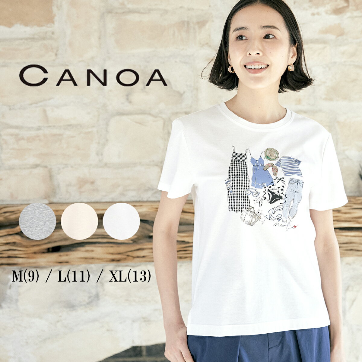 【スプリングセール】 CANOA カノア 綿スムース クローゼットプリント プルオーバー レディース Tシャツ カットソー プリントTシャツ 半袖 手書き風プリント ラメ 綿 カノンちゃん 大人 大人かわいい カジュアル 60代 70代 M L XL サイズ 春 秋 elife イーライフ