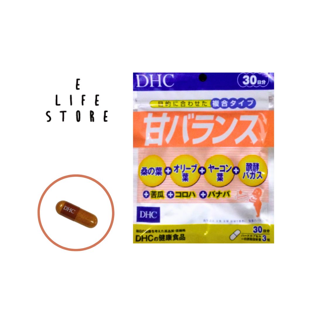 ※一日の目安量を守って、お召し上がりください。 ※お身体に異常を感じた場合は、摂取を中止してください。 ※特定原材料及びそれに準ずるアレルギー物質を対象範囲として表示しています。原材料をご確認の上、食物アレルギーのある方はお召し上がりにならないでください。 ※薬を服用中あるいは通院中の方、妊娠中の方は、お医者様にご相談の上お召し上がりください。 ●直射日光、高温多湿な場所をさけて保存してください。 ●お子様の手の届かないところで保管してください。 ●開封後はしっかり開封口を閉め、なるべく早くお召し上がりください。 食生活は、主食、主菜、副菜を基本に、食事のバランスを。『甘バランス』は、糖分が気になる方におすすめのサプリメントです。7つの植物由来成分が、甘いものやご飯、麺類をつい食べすぎる方、生活習慣からコンディションが乱れがちな方などをバックアップします。 【名称】桑の葉エキス末含有食品 【原材料名】桑の葉エキス末（桑の葉エキス、デキストリン）（インド製造）、乾燥ビール酵母、オリーブ葉エキス末（オリーブ葉エキス、デキストリン）、ヤーコン葉エキス末（ヤーコン葉エキス、食物繊維）、醗酵バガス末、にがうりエキス末、コロハエキス末、バナバ葉エキス末/ゼラチン、ステアリン酸Ca、着色料（カラメル、酸化チタン） 【内容量】36.1g［1粒重量402mg（1粒内容量325mg）×90粒］ 【栄養成分表示［3粒1206mgあたり］】熱量4.5kcal、たんぱく質0.41g、脂質0.05g、炭水化物0.59g、食塩相当量0.003g、桑の葉エキス末300mg、オリーブ葉エキス末150mg（オレウロペイン35%）、ヤーコン葉エキス末90mg、醗酵バガス末90mg、にがうりエキス末30mg（チャランチン0.6%）、コロハエキス末30mg（4-ハイドロキシイソロイシン40%）、バナバ葉エキス末3mg（コロソリン酸18%）、ビール酵母262.5mg