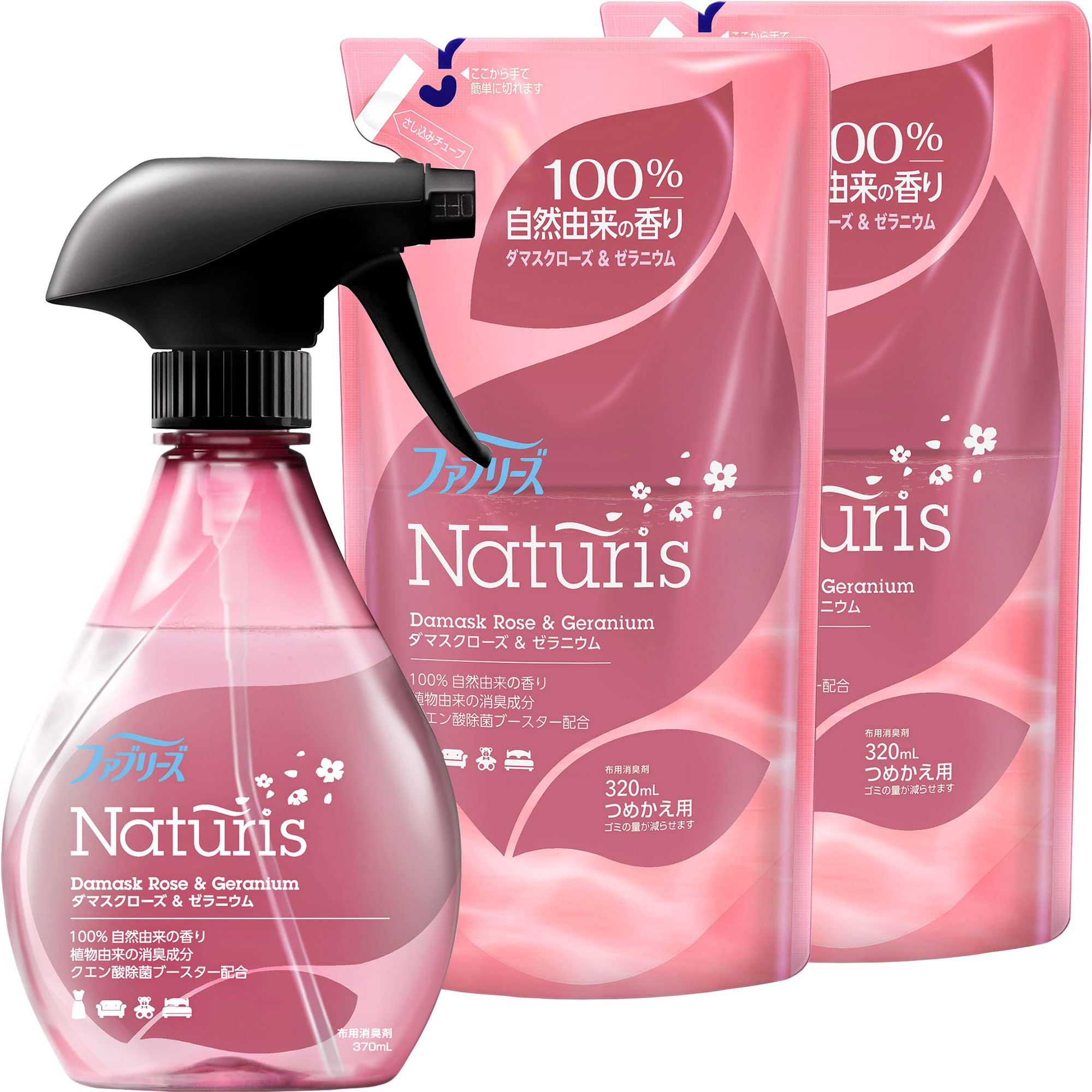 まとめ買い ファブリーズ ナチュリス 除菌消臭スプレー 布用 ダマスクローズゼラニウム 本体 370mL + 詰め替え 320mL×2個 3個アソート