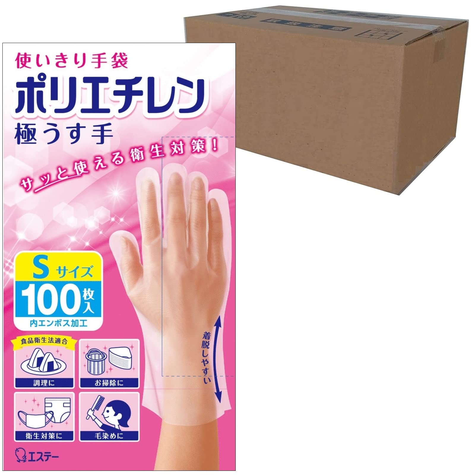 エステー 使いきり手袋 [ケース販売] ポリエチレン 極うす手 Sサイズ 半透明 100枚×24個 内エンボス(凸凹)加工 左右両用タイプ 調理 掃除 衛生対策 毛染め ポリエチレン手袋 使い捨て (食品衛生法適合)