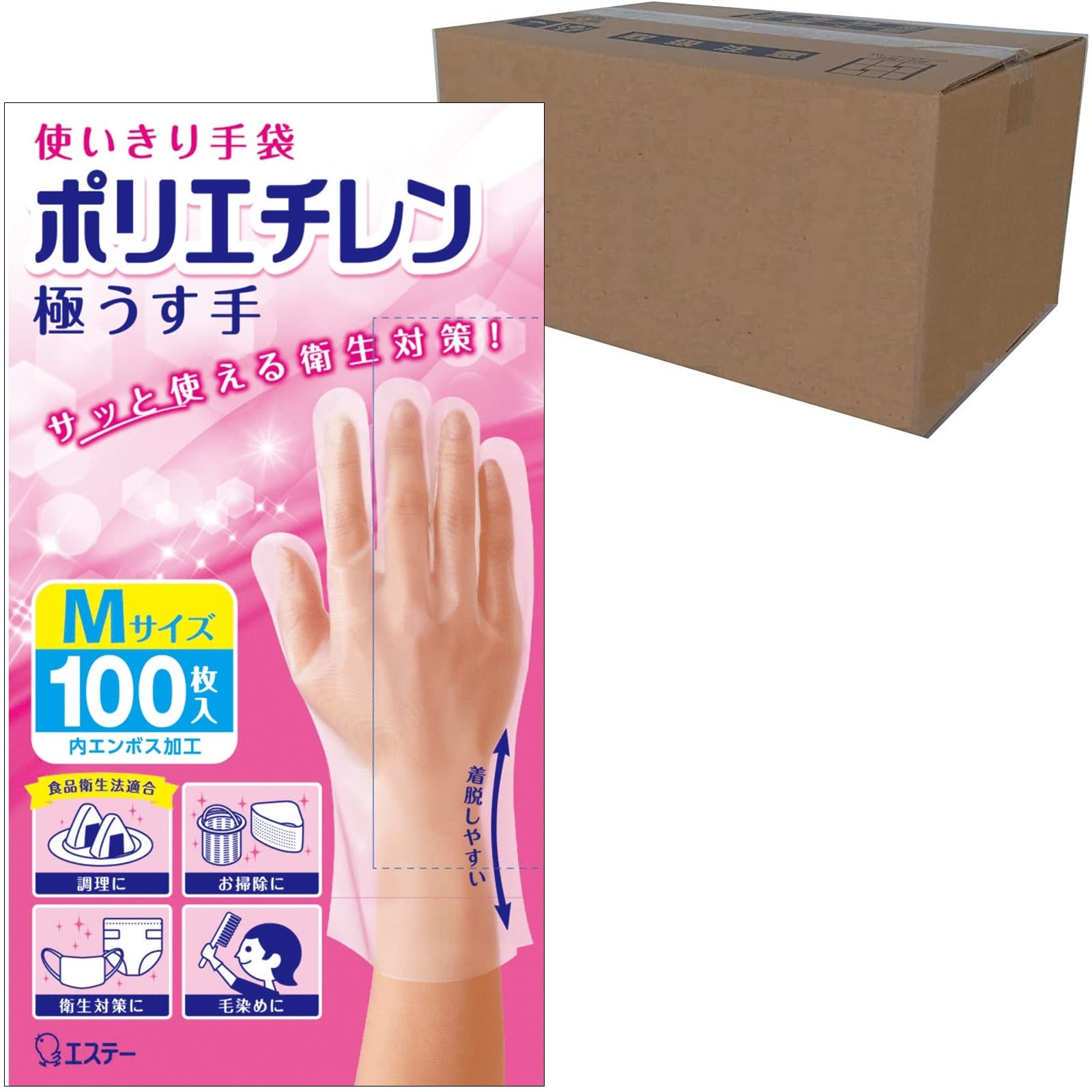 エステー 使いきり手袋 [ケース販売] ポリエチレン 極うす手 Mサイズ 半透明 100枚×24個 内エンボス(凸凹)加工 左右両用タイプ 調理 掃除 衛生対策 毛染め ポリエチレン手袋 使い捨て (食品衛生法適合)
