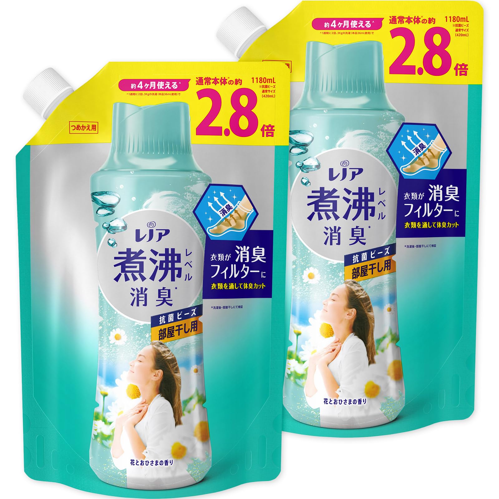 レノア 超消臭 煮沸レベル消臭 抗菌ビーズ 部屋干し 花とおひさまの香り 詰め替え 1,180mL×2袋まとめ買い