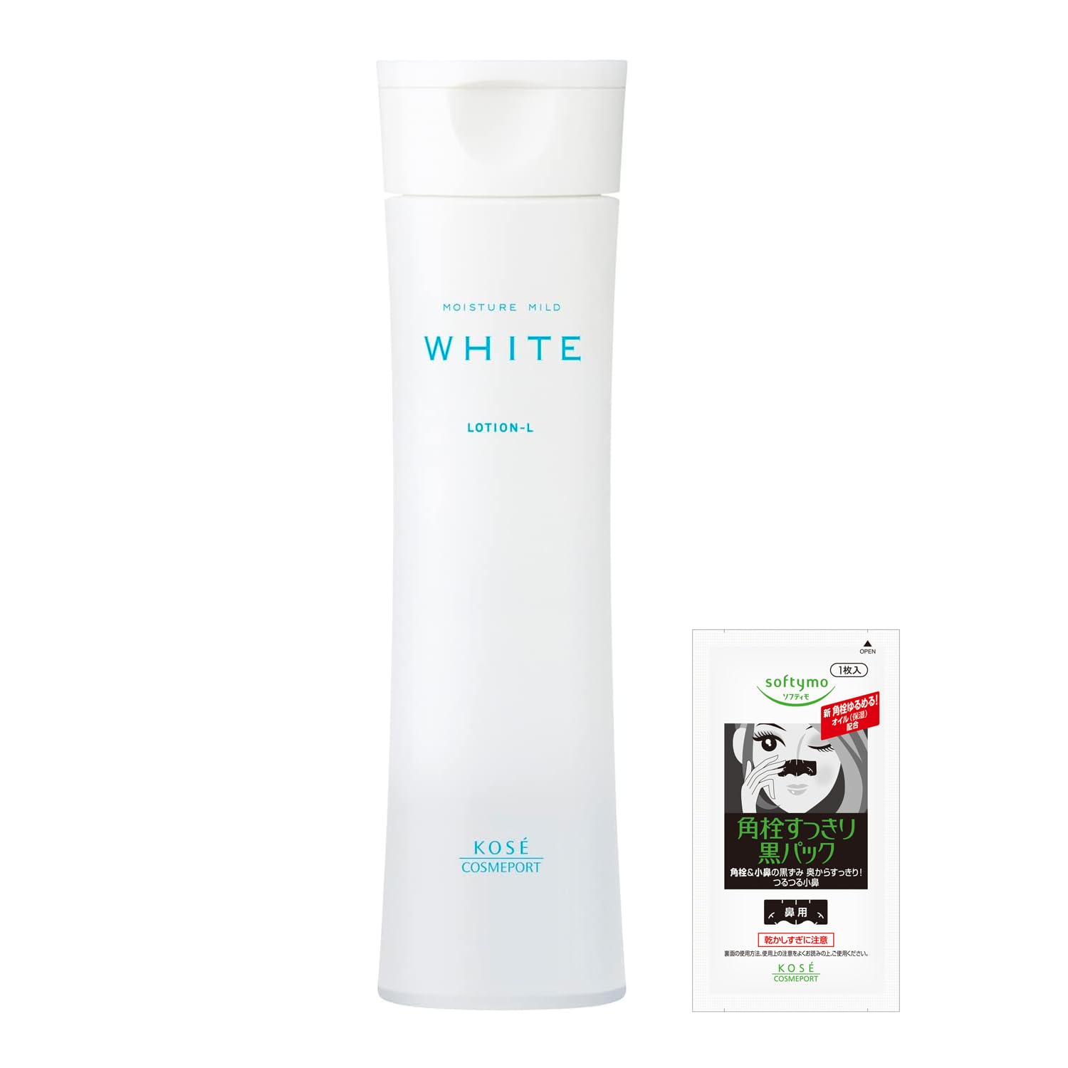 KOSE コーセー モイスチュアマイルド ホワイト ローションL (さっぱり) 180ml [医薬部外品] + 鼻用角栓パック1枚おまけ付