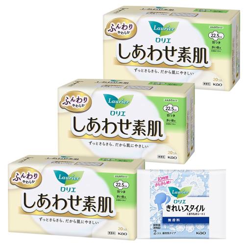 ロリエ しあわせ素肌 多い昼用 羽つき 22.5cm 20コ入 ×3セット+おまけ付き