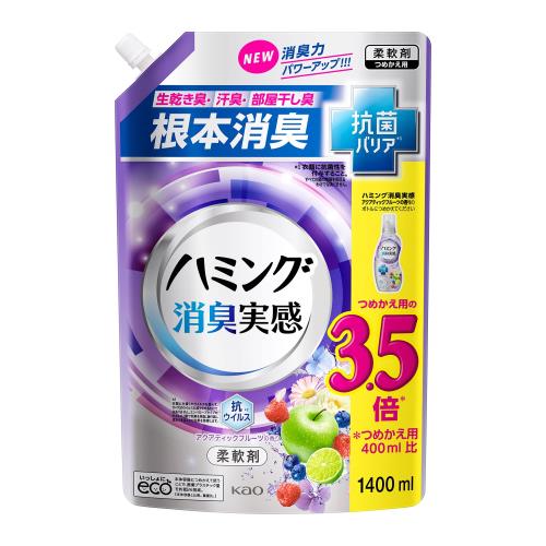 商品サイズ (幅×奥行×高さ) :200×120×315 (mm) 内容量:1400ml 成分:界面活性剤(エステル型ジアルキルアンモニウム塩、ポリオキシエチレンアルキルエーテル)、 風合い向上剤、安定化剤、繊維潤滑剤 ブラント名: ハミング