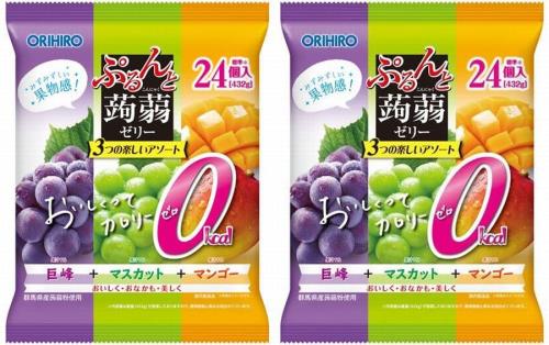 2袋セットオリヒロ ぷるんと 蒟蒻ゼリーパウチ カロリーゼロ 巨峰＋マスカット＋マンゴー こんにゃくゼリー 24個入 432g×2袋(計864g)