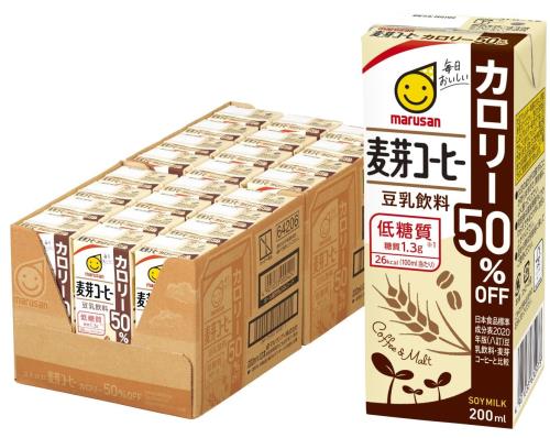 カロリー:1パック(200ml)当り48kcal 商品サイズ (幅X奥行X高さ):330×155×120mm 内容量:200ml×24 豆乳に麦芽をブレンドし、香ばしく飲みやすく仕上げました。