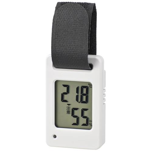 オーム(OHM) 電機 温湿度計 ミニ ポータブル デジタル バンド付き 熱中症予防 赤ランプ点滅 高温警告 注意マーク表示 ホワイト TEM-801-W 08-1452