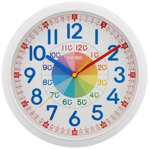 付属品:電池(単3マンガン×1) 電池寿命:約1年 本体サイズ:直径25.4×4.3cm ムーブメント:クォーツ(月差±20秒) 素材・材質:プラスチック枠(白塗装)・前面:ガラス 生産国:中国 知育時計 本体重量:0.31kg 秒針機能:スイープ秒針