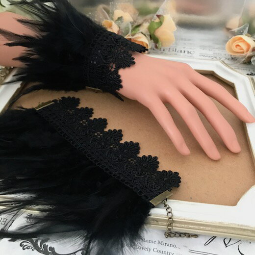 カフス レース 羽根付き レースグローブ フェザーグローブ ゴスロリ 衣装 ファッション 黒 フィンガー..