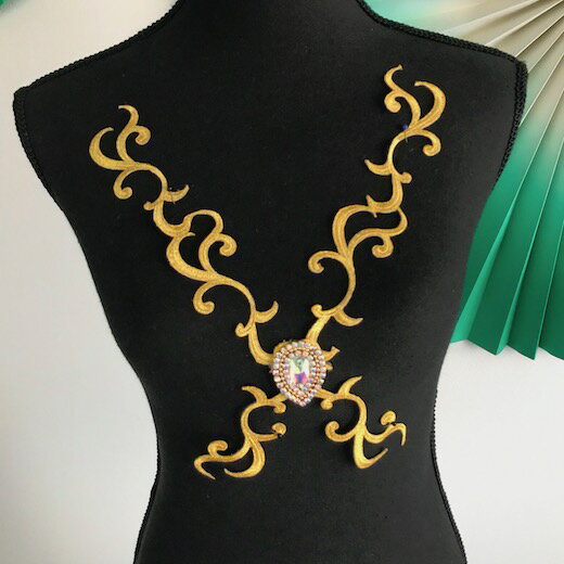 ゴールド レオタード バトン モチーフ ネックライン ラインストーン ネックラインモチーフ ワッペン アイロン用 貼り付け 衣装 レオタードモチーフ バレエ衣装