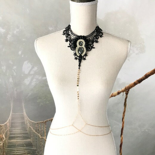 チョーカー レース レディース チェーン付き 黒 ブラック ネックレス ダンス 衣装 服飾 装飾 社交ダンス フォーマル