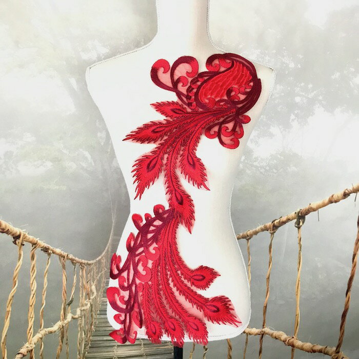 モチーフレース チュールモチーフ フェザー模様 羽根 レッド 衣装 ダンス衣装 装飾 ハンドメイド レオタード バトンモチーフ フィギアスケート 社交ダンス バ...