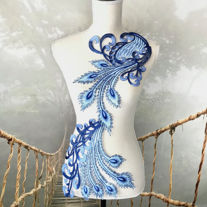 モチーフレース チュールモチーフ ブルー フェザー模様 羽根 衣装 ダンス衣装 装飾 ハンドメイド レオタード バトンモチーフ フィギアスケート 社交ダンス バ...