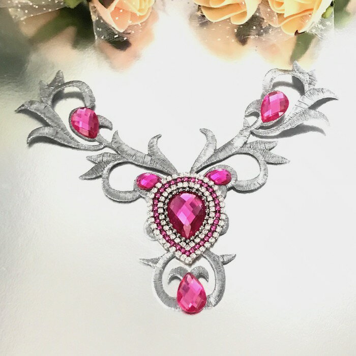 シルバー ピンク アップリケ ネックライン モチーフ 衣装 刺繍ワッペン レオタードモチーフ アイロンワッペン アイロン接着 アップリケワッペン モチーフ 装飾...