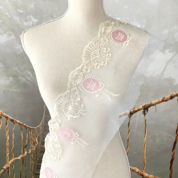レース チュールレース 手芸 花柄 花模様 ベージュ系 ピンク 花柄 衣装 刺繍 リボン 手作り 素材 装飾 材料 ダンス衣装 コスプレ衣装 バレエ衣装
