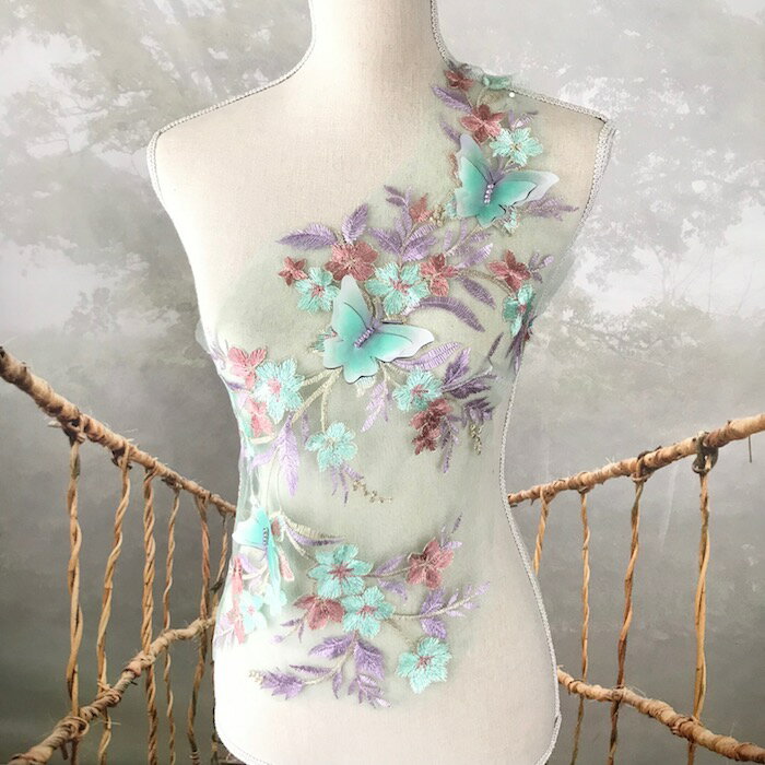 モチーフ レース チュールモチーフ 花柄 バタフライ 蝶 グリーン パープル ビーズ付き 衣装 服飾 ウェディング レオタード バトン ダンス 薔薇モチーフ バ...