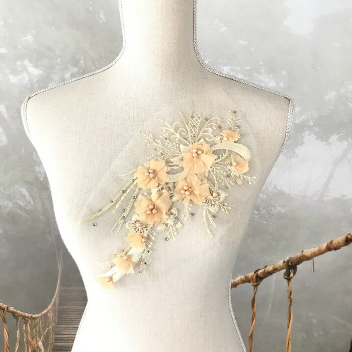 衣装モチーフ レオタードモチーフ チュールモチーフ 新体操 バトンモチーフ 花模様 装飾 アイボリー系 イエロー系 チュールモチーフレース 衣装装飾 服飾 ライ...