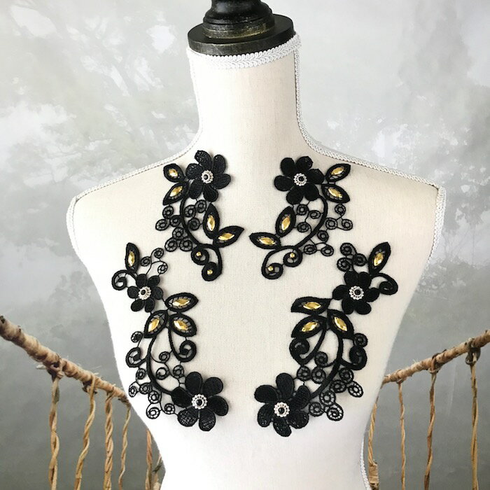 レースモチーフ バトン レオタード モチーフ 衣装 花 ブラック 服飾 バレエ衣装 装飾 新体操 舞台衣装 ラインストーン付き