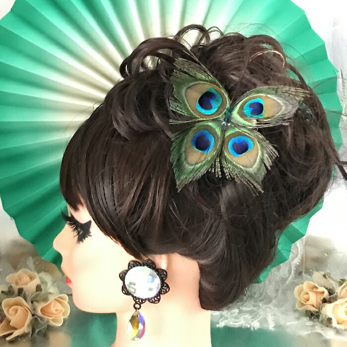 ヘア飾り ヘッドコサージュ ヘアアクセサリー クジャクフェザー ヘッドピース コサージュ 羽根付き フ..