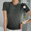 リブTシャツ トップス レディース サマー 夏 春 カジュアル 女性 ショート丈 クロップド丈 クルーネック シンプル 無地 薄手 薄い リブ編み 縦ライン 細...