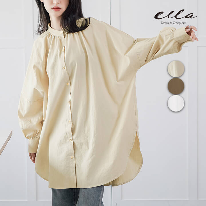 ロングシャツ レディース コーデ 長袖 カジュアル シャツ ロング丈 バンドカラーシャツ バンドカラー 着痩せ 大きめ 二の腕カバー 大きいサイズ シルエット ゆったり ゆとり シンプル 無地 大人可愛い 大人カジュアル 華奢見え 落ち感 春 夏 秋 長袖 rt9199