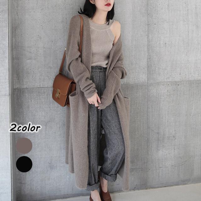 ロング ニット カーディガン レディース 春 秋 20代 30代 ニット コート アウター ニットカーディガン 超ロング丈 お洒落 ブラック カーキ グレーのサムネイル