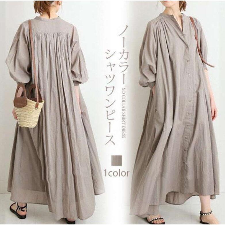 シャツワンピース ワンピース レディース ロング丈 ギャザー 半袖 五分袖 ロングワンピース きれいめ ..