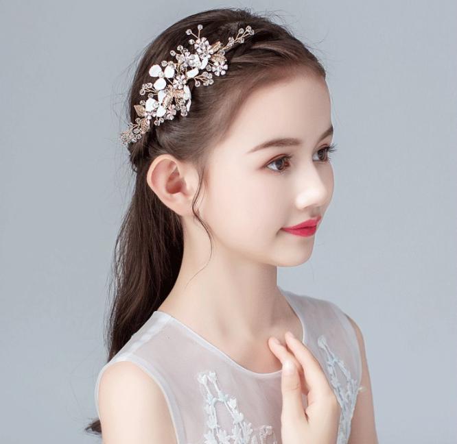 【送料無料】 ヘアアクセサリー 子供 キッズ 髪飾り 白いお花とゴールドリーフの髪飾り