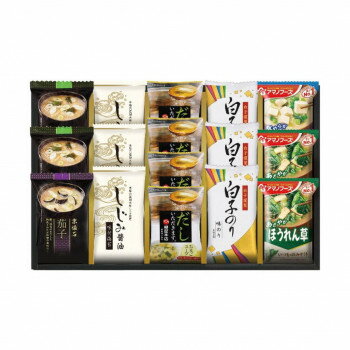 「北海道・沖縄・離島・一部地域へのお届けは別途送料を請求させていただきます。」「お客様都合でのキャンセルの場合、出荷前後にかかわらずキャンセル料などの手数料が発生いたしますので予めご了承ください。」「メーカーより取り寄せ商品のため、在庫状況によっては欠品・廃盤の可能性があります。あらかじめご了承ください。」いろいろ選べるフリーズドライでいつも食卓もにぎやかに。【食品名称】たまごスープ:乾燥スープ、しじみ醤油味付海苔・白子味のり:味付のり、マルコメ京懐石おみそ汁・アマノおみそ汁:即席みそ汁(乾燥タイプ)サイズ個装サイズ：36×25×5cm重量個装重量：440g仕様賞味期間：製造日より360日セット内容たまごスープ5.4g×4袋・しじみ醤油味付海苔(8切8枚)・白子味のり(8切5枚)各3袋・マルコメ京懐石おみそ汁(長ねぎ15.7g×2袋・茄子11.5g×1袋)・アマノおみそ汁(ほうれん草7g×2袋・とうふ10g×1袋)生産国日本栄養成分たまごスープ(5.4g)当たり　熱量:20kcal、たんぱく質:1.5g、脂質:0.7g、炭水化物:1.8g、食塩相当量:1.2gしじみ醤油味付海苔(約3g)当たり　エネルギー:5.2kcal、たんぱく質:0.6g、脂質:0.09g、炭水化物:1.8g、食塩相当量:0.2g白子味のり(8切5枚)当たり　熱量:7kcal、たんぱく質:0.8g、脂質:0.1g、炭水化物:0.8g、食塩相当量:0.1g原材料たまごスープ:食塩、かつお節エキス、醤油、テキストリン、かつお節粉末、昆布エキス、ゼラチン、香辛料、具(鶏卵(国産)、乾燥わかめ、乾燥ねぎ)/ソルビトール、調味料(アミノ酸等)、酸化防止剤(ビタミンE)、着色料(カロチノイド)、(一部に卵・小麦・大豆・ゼラチンを含む)しじみ醤油味付海苔:乾のり(有明海産)、しょうゆ加工品(しょうゆ(小麦・大豆を含む)、ぶどう糖果糖液糖、砂糖、水あめ、しじみ、鰹エキス、昆布エキス)、砂糖、醸造調味料、食塩、鰹節エキス、酵母エキス、昆布エキス、L-オルニチン塩酸塩/調味料(アミノ酸等)、香辛料抽出物白子味のり:乾のり(国産)、調味液(しょうゆ(小麦を含む)、砂糖、水あめ、食塩、かつお節エキス、えびエキス、酵母エキス、こんぶエキス)/調味料(アミノ酸等)、甘味料(甘草)、香辛料アレルギー表示卵、小麦、えび、さば、大豆、ゼラチン（原材料の一部に含んでいます）その他アレルギー魚介類保存方法常温保存製造（販売）者情報たまごスープ:株式会社柳屋本店、しじみ醤油味付海苔:株式会社柳川海苔本舗、白子味のり:株式会社白子、マルコメ京懐石おみそ汁:マルコメ株式会社、アマノおみそ汁:アサヒグループ食品株式会社fk094igrjs