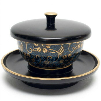 木質穴あき茶托セット 4.0寸(各種茶碗付き) 黒(フチ金) 九谷焼