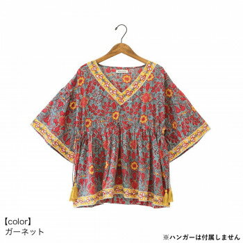 「北海道・沖縄・離島・一部地域へのお届けは別途送料を請求させていただきます。」「お客様都合でのキャンセルの場合、出荷前後にかかわらずキャンセル料などの手数料が発生いたしますので予めご了承ください。」「メーカーより取り寄せ商品のため、在庫状況によっては欠品・廃盤の可能性があります。あらかじめご了承ください。」木版を使って、職人がひと版ひと版、手でスタンプを押すように生地の上にプリントしていきます。ウエストリボンでシルエットの調節が可能です。サイズ約着丈SNP:〜64cm、バスト:114cmcm個装サイズ：3×33×28cm重量個装重量：140g素材・材質60'sキャンブリック綿100%生産国インドfk094igrjs