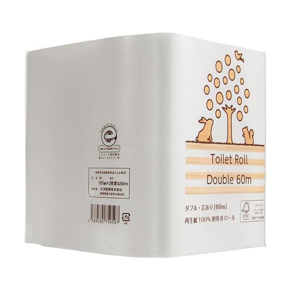 （まとめ） TANOSEEリサイクルトイレットペーパー（2倍巻） ダブル 芯あり 60m 1セット（48ロール：8ロール×6パック） 【×3セット】