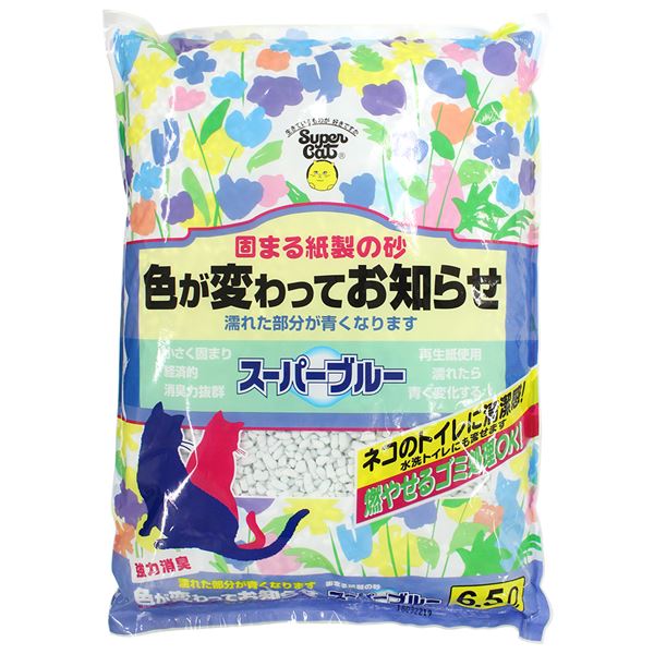 ■商品内容【ご注意事項】この商品は下記内容×3セットでお届けします。小さく固まり経済的！濡れた部分がブルーに変わってお知らせ！燃やせて水洗トイレにも流せるので、ゴミ処理楽々！ ・高分子ポリマーとパルプの働きで水分と尿のニオイをすばやく吸収しブルーの色に変わります。 ・水分を吸収した部分は小さく固まり経済的です。 ・燃えるゴミや水洗トイレでの処理もできるので、ゴミ処理が簡単です。 ・再生紙の有効利用で地球にもやさしい製品です。■商品スペック■材質/素材再生紙、吸水性ポリマー■原産国または製造地日本■使用方法トイレの設置場所をきめます。ネコの出入りが自由でおちついて用をたせる場所を選びましょう。トイレ用ケースを用意します。やや深め、成猫なら40cm角程度のケースを、子ネコなら自分で入れる高さの空箱でも代用できます。スーパーブルーをトイレケースの底から7〜10cmの高さまでしきつめます。ケースのすのこは取ってお使いください。ネコが用をすませたら砂の固まった部分だけをスコップで取り除き、可燃物として処理してください。砂が減ってきたら補充してください。水洗トイレに流す場合は注意の項に従って処理をしてください。スコップやトイレケースの清掃はゼリー状のカス汚れは、軽く水洗いし食塩をふりかけて、トイレットペーパー等で拭き取ると、早くきれいになります。初めてご使用の場合はネコの尿のニオイがついた使用中の砂を少しまぜてください。2日程で使い慣れます。■保管方法開封後はしっかり封を閉じて、かならず乾燥した場所に保管してください。■諸注意・スーパーブルーはネコのトイレ砂以外の用途には使用しないでください。 ・使用上の注意をよく読んでご使用ください。 ・子供やペットの手の届く場所に保管しないでください。 ・この製品と袋は食べられません。誤って口にした場合には、医師の診断を受けてください。 ・空き袋をかぶったり、オモチャにして遊ばないこと。 ・砂の入れ替えの際に粉が立つことがありますので、換気を心掛けてください。 ・使用後は燃えるゴミとして出すか、トイレに流してください。 ・地域によって各自冶体の指導がある場合はそれに従って処理をしてください。 ・この袋には小さな穴が開いていますので、水気のあるものを入れるとモレ出します。 ・固まりは必ず1回につき約40cc(ゴルフボールくらい)を目安に流してください。大きい固まりの場合は40cc以下に崩してから流してください。 ・固まりを流す際に、多量のトイレットペーパーを一緒に流すとトイレが詰まる原因になりますのでおやめください。 ・複数回流す場合は、続けて流さずに必ず1回おきに水だけを流してください。洗浄は必ず「大」で流してください。水流が弱いとトイレに詰まる可能性があります。またタンクに水が十分にたまってから流してください。 ・1日に流す量は、目安(約40cc)の固まり5個までとしてください。これ以上の量を処理する場合は燃えるごみとして処理してください。 ・乾燥して固くなった固まりはトイレに流さずに燃えるごみとして処理してください。(お住まいの地方自治体の定める方法に従って処理をしてください) ・節水型トイレ・浄化槽式トイレには流さないでください。 ・和式型水洗トイレに流す場合は、前方の水たまり面に流してください。 ・トイレの配管の状況を確認しながら定期的な清掃をしてください。 ・リサイクル原料を使用しておりますので一部色のついた不純物が混じる場合があります。■送料・配送についての注意事項●本商品の出荷目安は【1 - 5営業日　※土日・祝除く】となります。●お取り寄せ商品のため、稀にご注文入れ違い等により欠品・遅延となる場合がございます。●本商品は仕入元より配送となるため、沖縄・離島への配送はできません。