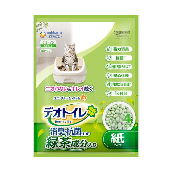 ■商品内容●強力消臭する紙タイプのデオトイレ専用取替サンド。内容量は4Lです。●抗菌で強力消臭。●撥水で足元サラサラ清潔。足元にオシッコを残しません。●飛び散りにくく、転がりにくい形状で、お掃除もラクラク。●交換は月1回。1ヵ月交換不要。●紙タイプの取り替えサンドなので、可燃ゴミとして処理できます。■商品スペック種類：猫砂(紙タイプ)内容量：4L材質・素材：パルプ、防臭剤、緑茶成分その他仕様：●交換目安:1ヵ月(※1頭(体重8kgまで)のデオトイレ使用時)備考：※すべての菌を抑制するわけではありません。シリーズ名：デオトイレ【キャンセル・返品について】商品注文後のキャンセル、返品はお断りさせて頂いております。予めご了承下さい。■送料・配送についての注意事項●本商品の出荷目安は【5 - 11営業日　※土日・祝除く】となります。●お取り寄せ商品のため、稀にご注文入れ違い等により欠品・遅延となる場合がございます。●本商品は仕入元より配送となるため、沖縄・離島への配送はできません。[ 680759 ]